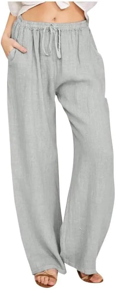 Casual Cotton Linen Pants Women Summer High Waisted Flowy Palazzo Pants Boho Loose Wide Leg Beach Pants with Pockets