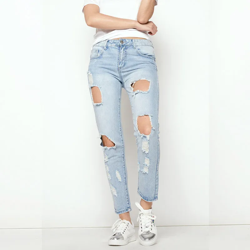 Casual Cut Out Holes Middle Waist Long Skinny Jeans
