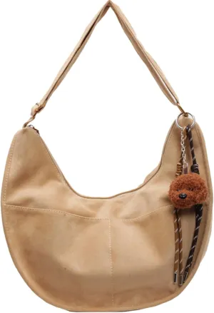 Casual Messenger with Cute Pendant Faux Suede Crossbody Bag with Accessories Bag Chic Shoulder Hobo Bag Travel Daypacks