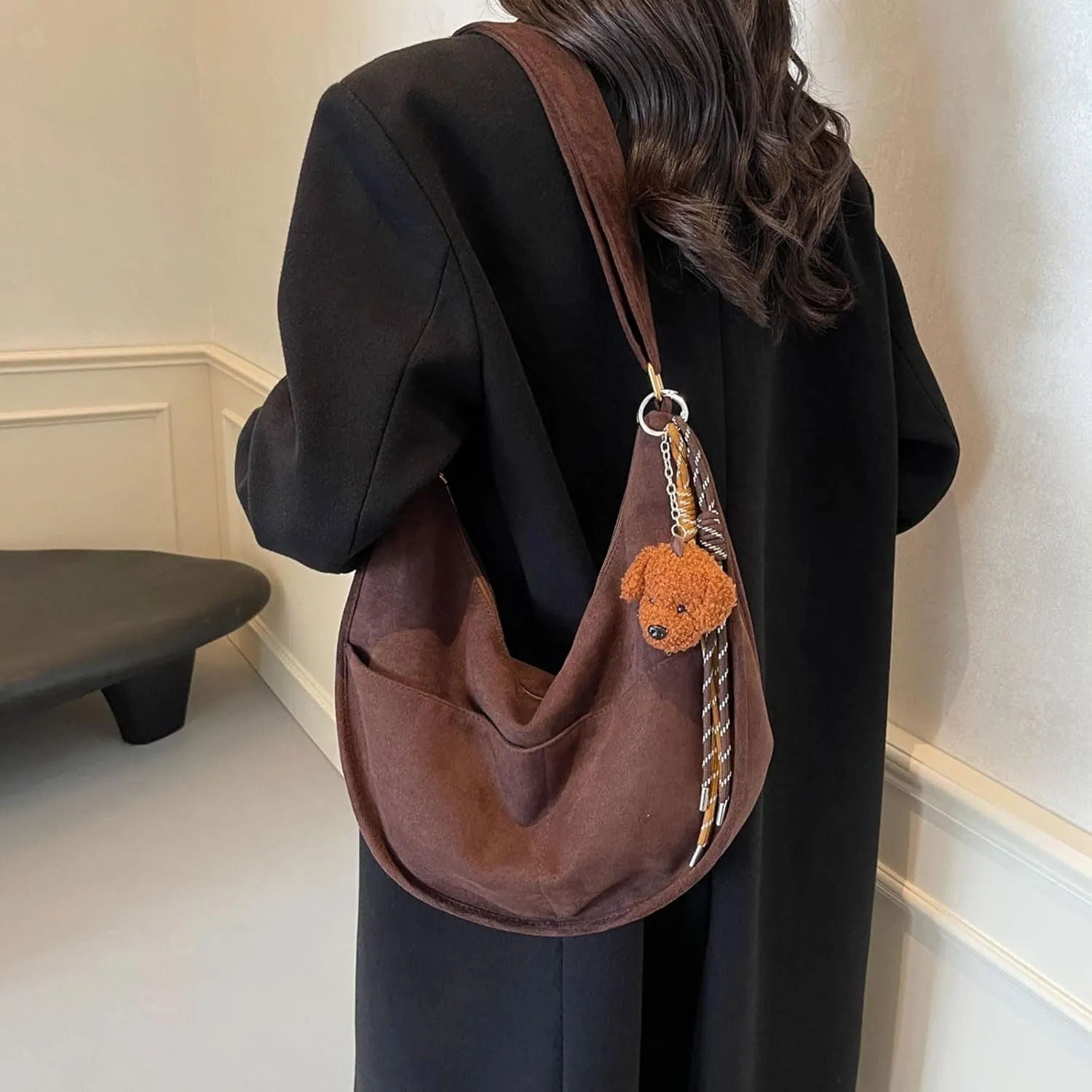 Casual Messenger with Cute Pendant Faux Suede Crossbody Bag with Accessories Bag Chic Shoulder Hobo Bag Travel Daypacks
