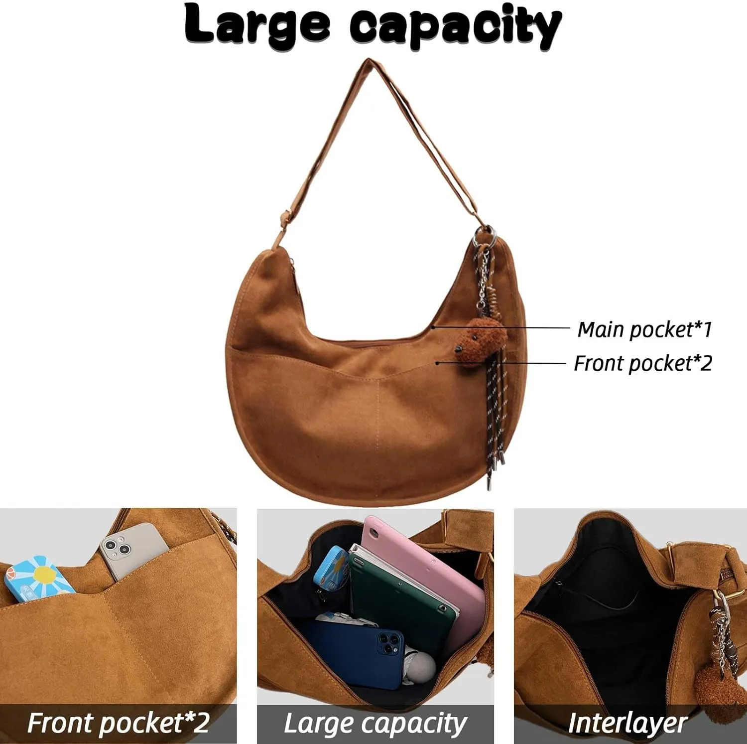 Casual Messenger with Cute Pendant Faux Suede Crossbody Bag with Accessories Bag Chic Shoulder Hobo Bag Travel Daypacks