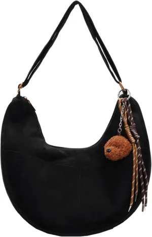 Casual Messenger with Cute Pendant Faux Suede Crossbody Bag with Accessories Bag Chic Shoulder Hobo Bag Travel Daypacks