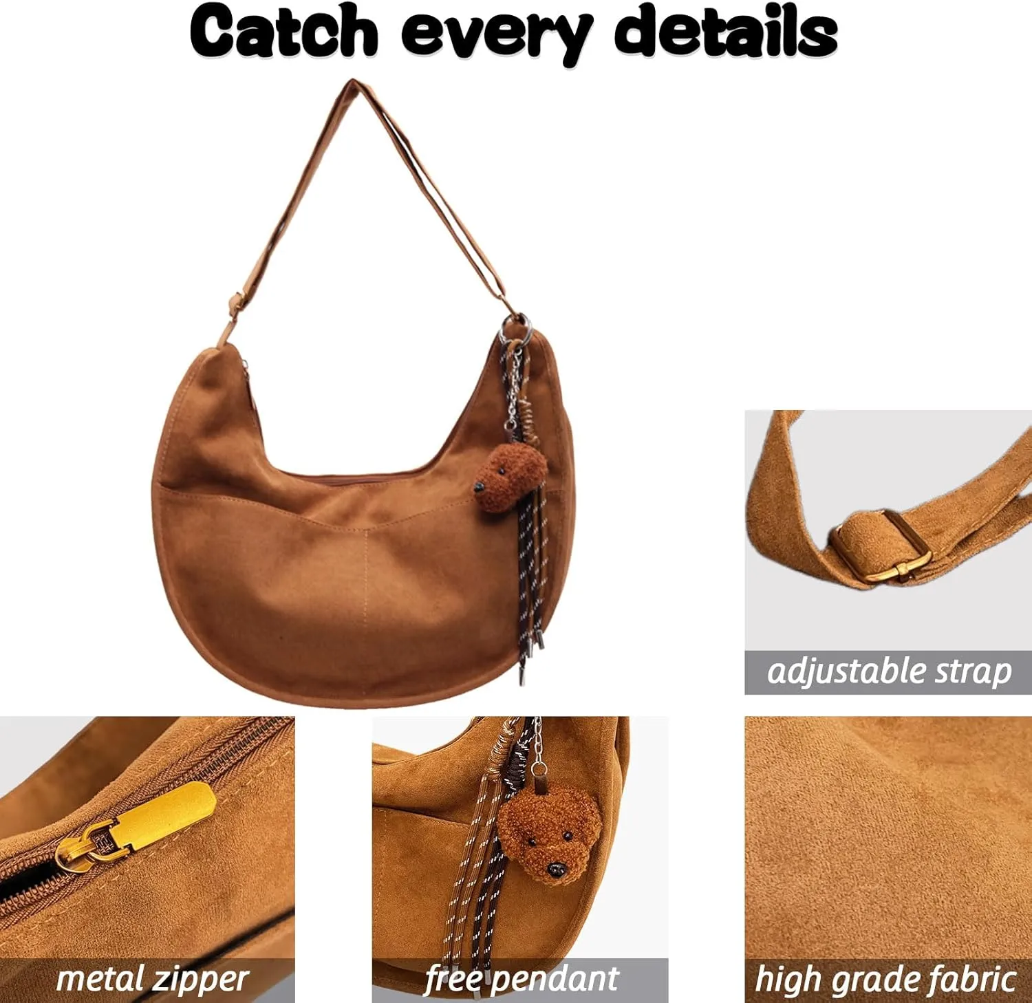 Casual Messenger with Cute Pendant Faux Suede Crossbody Bag with Accessories Bag Chic Shoulder Hobo Bag Travel Daypacks