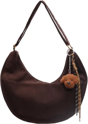Casual Messenger with Cute Pendant Faux Suede Crossbody Bag with Accessories Bag Chic Shoulder Hobo Bag Travel Daypacks