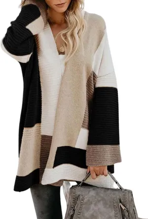chouyatou Women's Fall Geometric Color Block Open Front Cardigan Sweater Elegant Casual Oversized Coatigan Coat