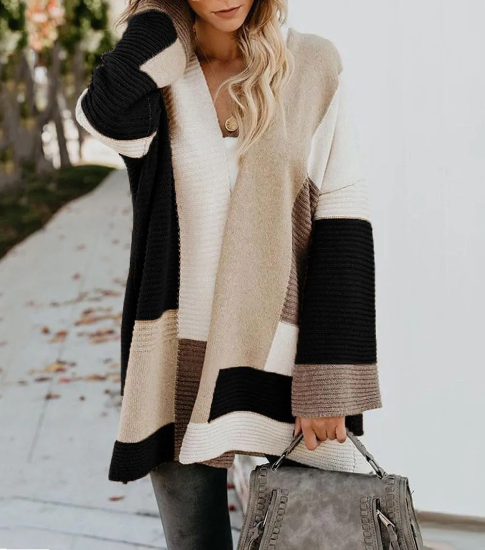 chouyatou Women's Fall Geometric Color Block Open Front Cardigan Sweater Elegant Casual Oversized Coatigan Coat