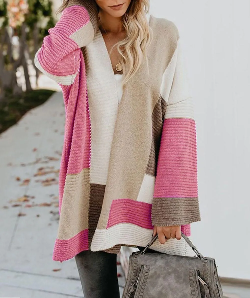 chouyatou Women's Fall Geometric Color Block Open Front Cardigan Sweater Elegant Casual Oversized Coatigan Coat