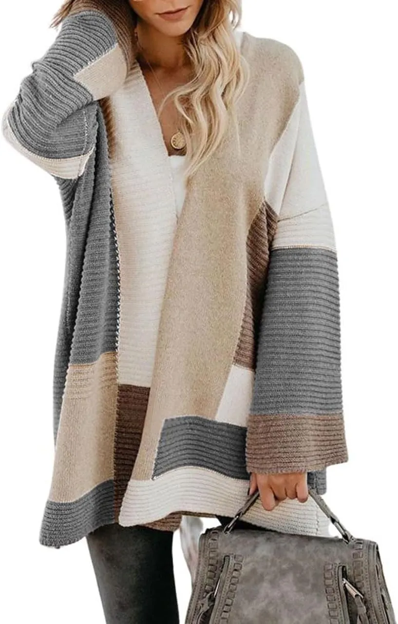 chouyatou Women's Fall Geometric Color Block Open Front Cardigan Sweater Elegant Casual Oversized Coatigan Coat