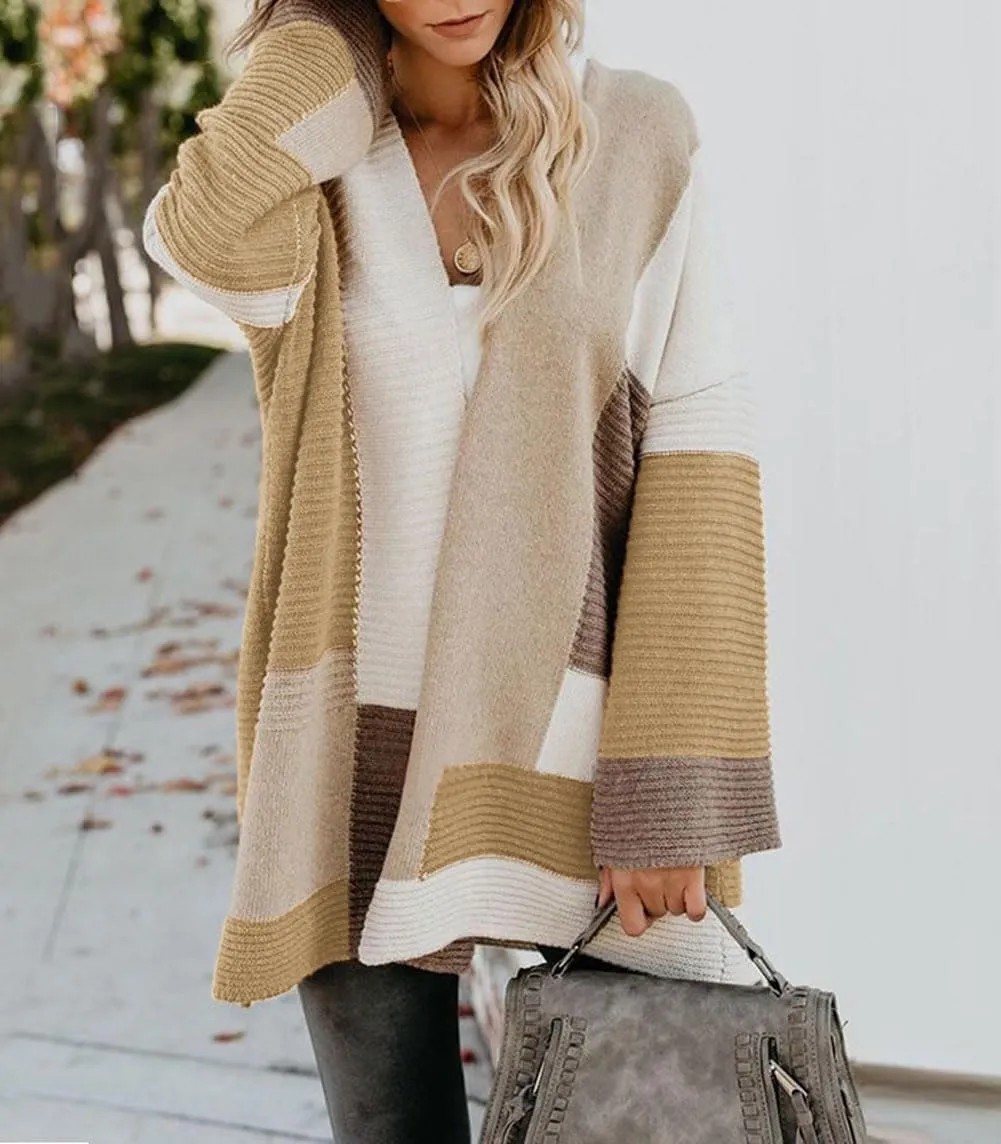 chouyatou Women's Fall Geometric Color Block Open Front Cardigan Sweater Elegant Casual Oversized Coatigan Coat