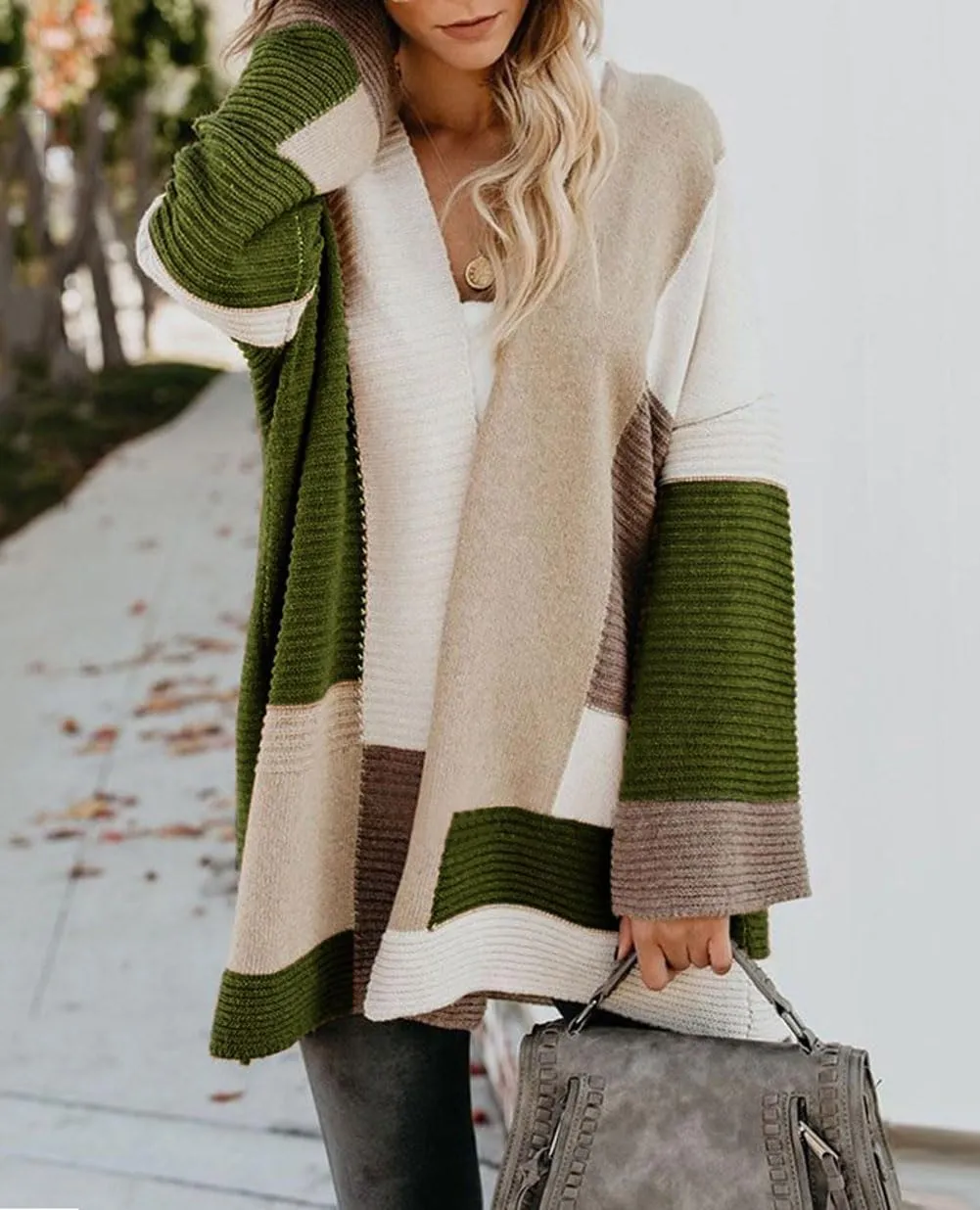 chouyatou Women's Fall Geometric Color Block Open Front Cardigan Sweater Elegant Casual Oversized Coatigan Coat