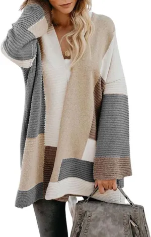 chouyatou Women's Fall Geometric Color Block Open Front Cardigan Sweater Elegant Casual Oversized Coatigan Coat