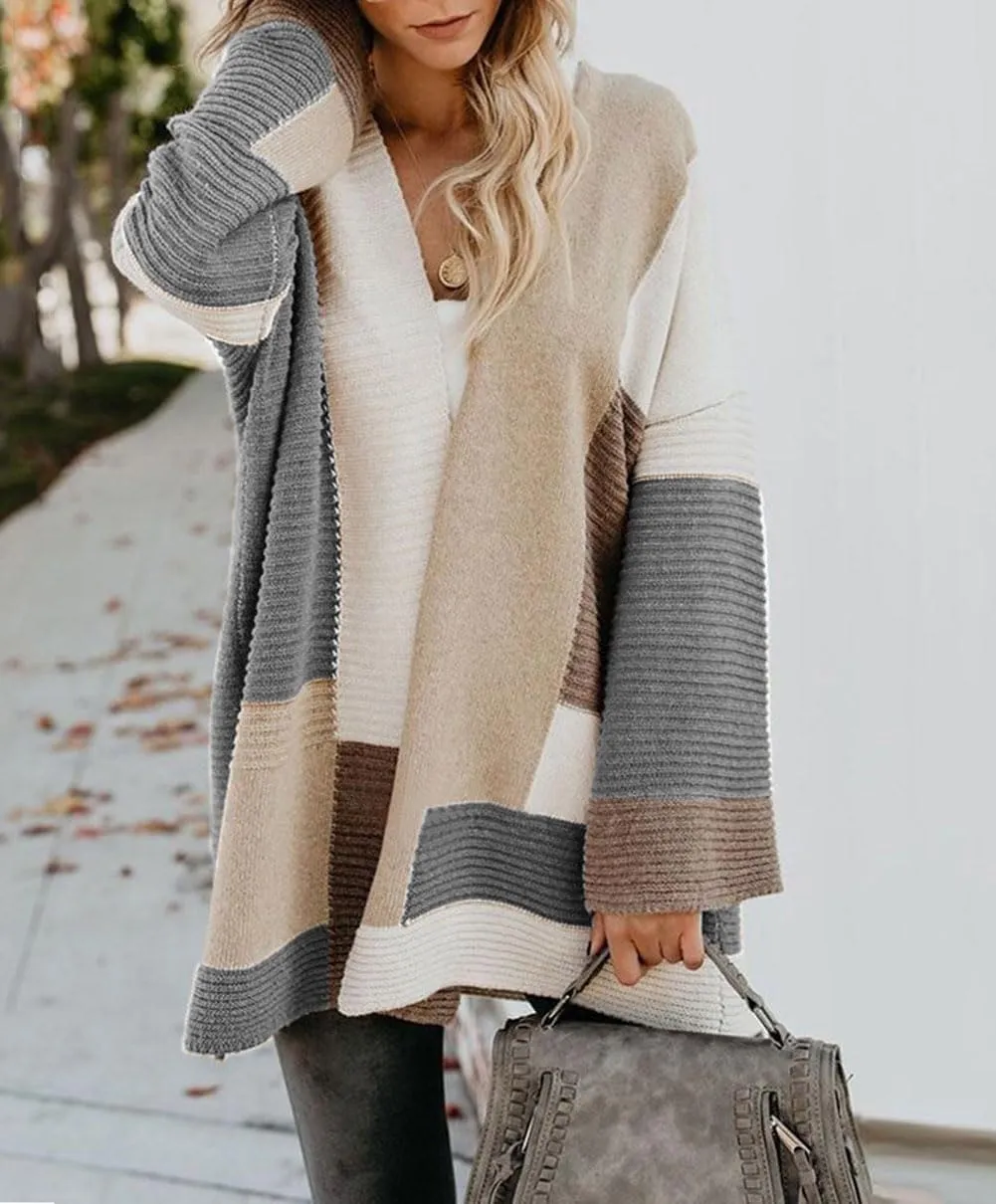 chouyatou Women's Fall Geometric Color Block Open Front Cardigan Sweater Elegant Casual Oversized Coatigan Coat