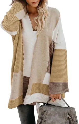 chouyatou Women's Fall Geometric Color Block Open Front Cardigan Sweater Elegant Casual Oversized Coatigan Coat