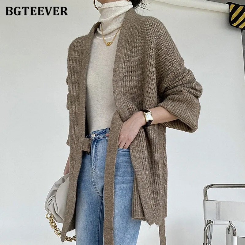 Christmas Gift Joskaa Elegant V-neck Oversized Women Sweater 2024 Autumn Winter Loose Belted Sashes Female Knitted Cardigans Tops