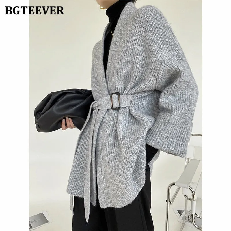 Christmas Gift Joskaa Elegant V-neck Oversized Women Sweater 2024 Autumn Winter Loose Belted Sashes Female Knitted Cardigans Tops