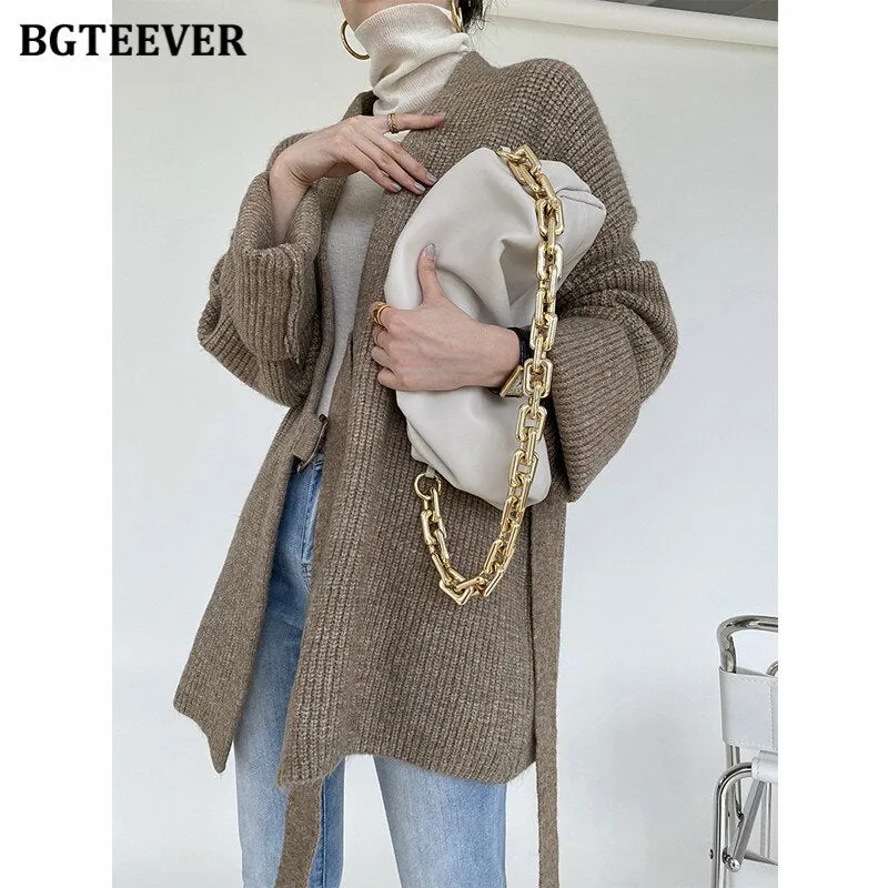 Christmas Gift Joskaa Elegant V-neck Oversized Women Sweater 2024 Autumn Winter Loose Belted Sashes Female Knitted Cardigans Tops