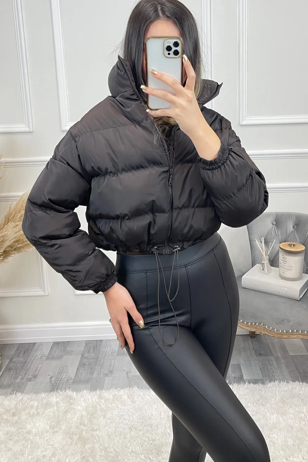 Conni Brown Cropped Drawstring Puffer Jacket