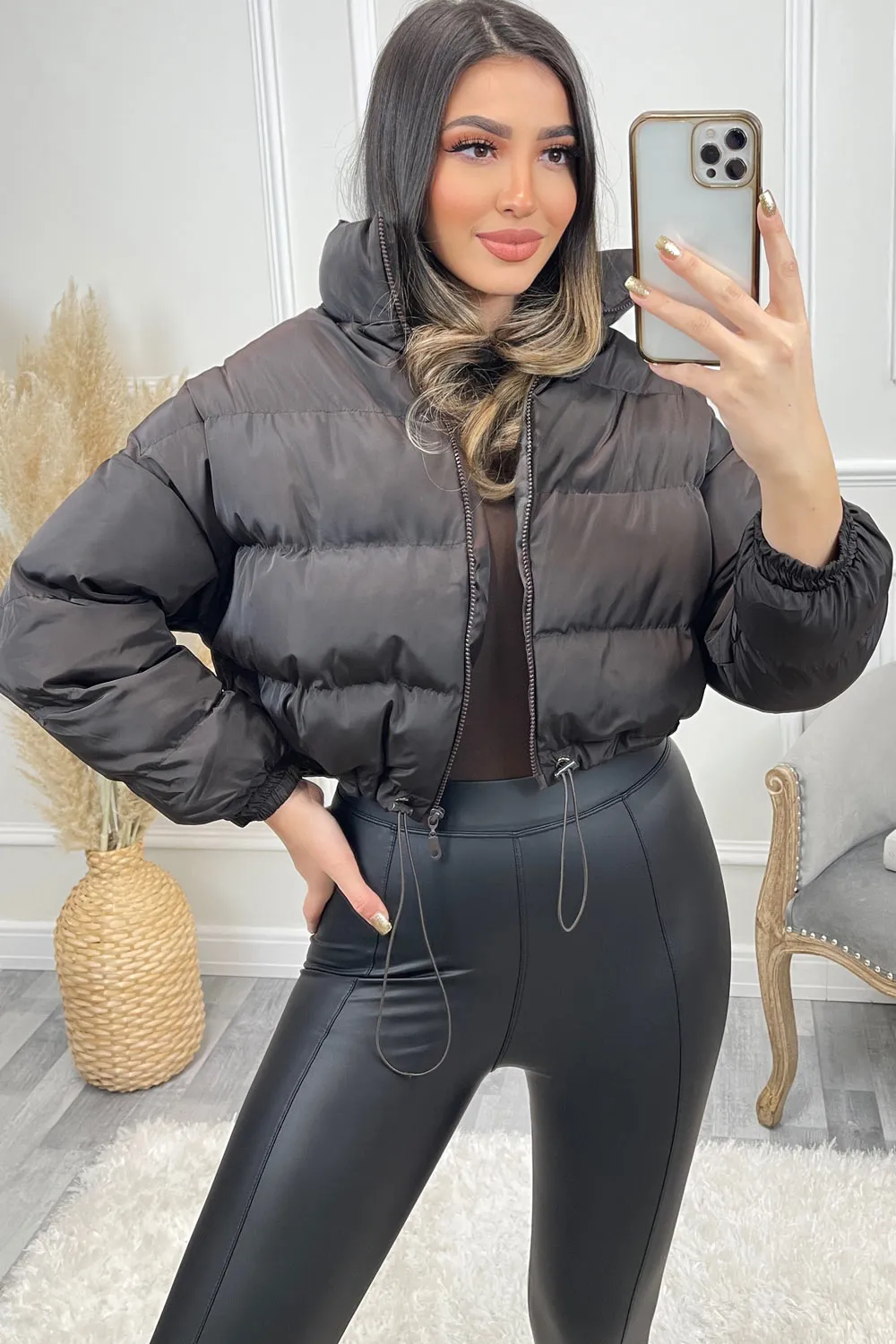 Conni Brown Cropped Drawstring Puffer Jacket