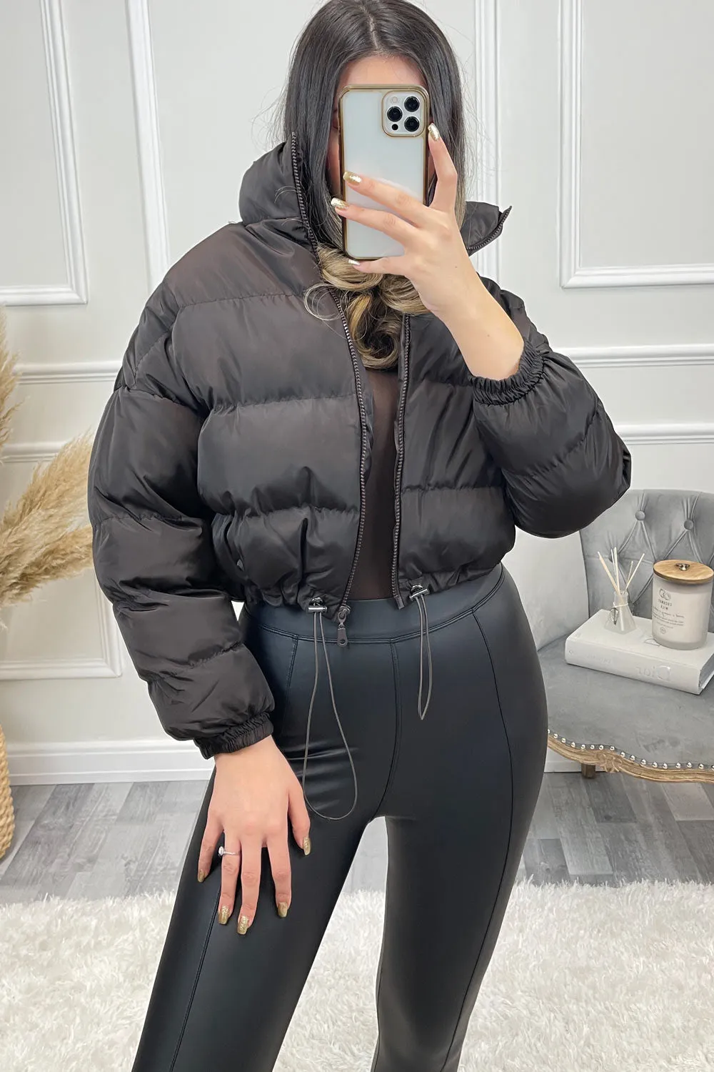 Conni Brown Cropped Drawstring Puffer Jacket