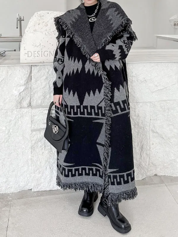 Contrast Color Tasseled Long Sleeves Loose Lapel Cardigan Coats