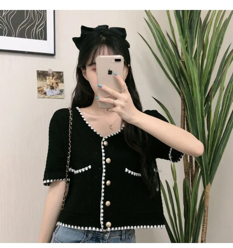 Country Lazy Long Sleeved Sweater Women Summer Korean V-Neck Elegant Short Cardigan Tops Outerwear