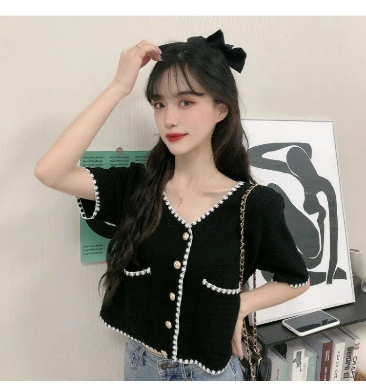 Country Lazy Long Sleeved Sweater Women Summer Korean V-Neck Elegant Short Cardigan Tops Outerwear