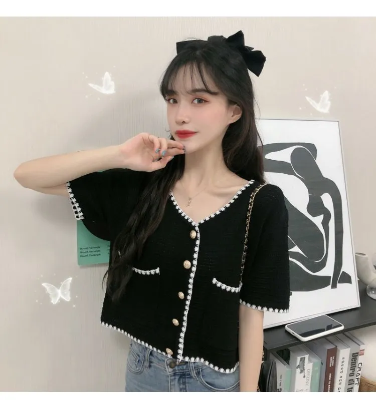 Country Lazy Long Sleeved Sweater Women Summer Korean V-Neck Elegant Short Cardigan Tops Outerwear
