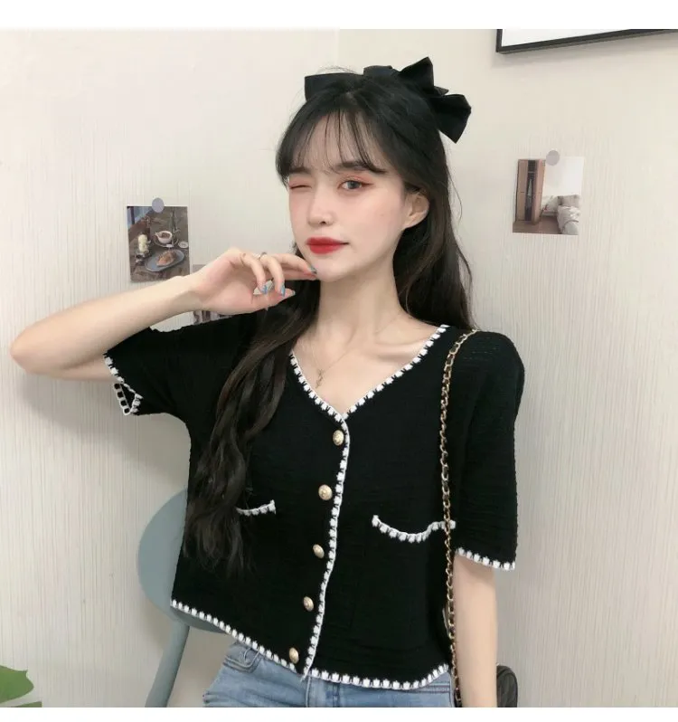 Country Lazy Long Sleeved Sweater Women Summer Korean V-Neck Elegant Short Cardigan Tops Outerwear