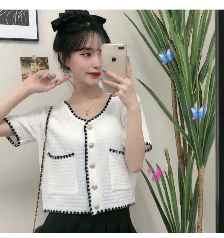 Country Lazy Long Sleeved Sweater Women Summer Korean V-Neck Elegant Short Cardigan Tops Outerwear