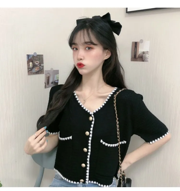 Country Lazy Long Sleeved Sweater Women Summer Korean V-Neck Elegant Short Cardigan Tops Outerwear
