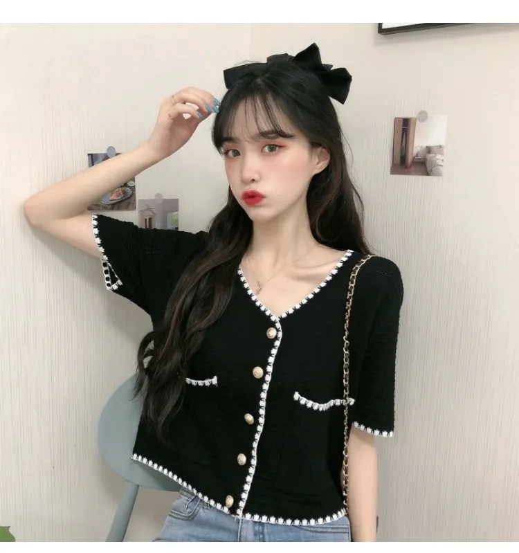 Country Lazy Long Sleeved Sweater Women Summer Korean V-Neck Elegant Short Cardigan Tops Outerwear