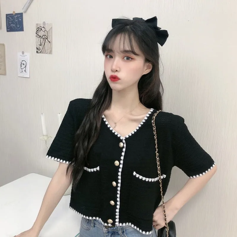 Country Lazy Long Sleeved Sweater Women Summer Korean V-Neck Elegant Short Cardigan Tops Outerwear