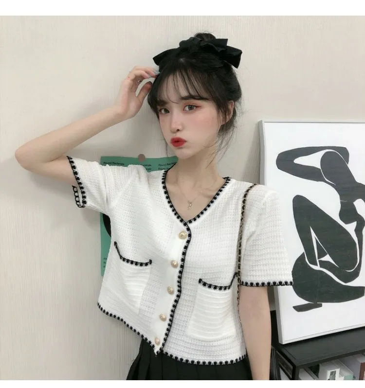 Country Lazy Long Sleeved Sweater Women Summer Korean V-Neck Elegant Short Cardigan Tops Outerwear