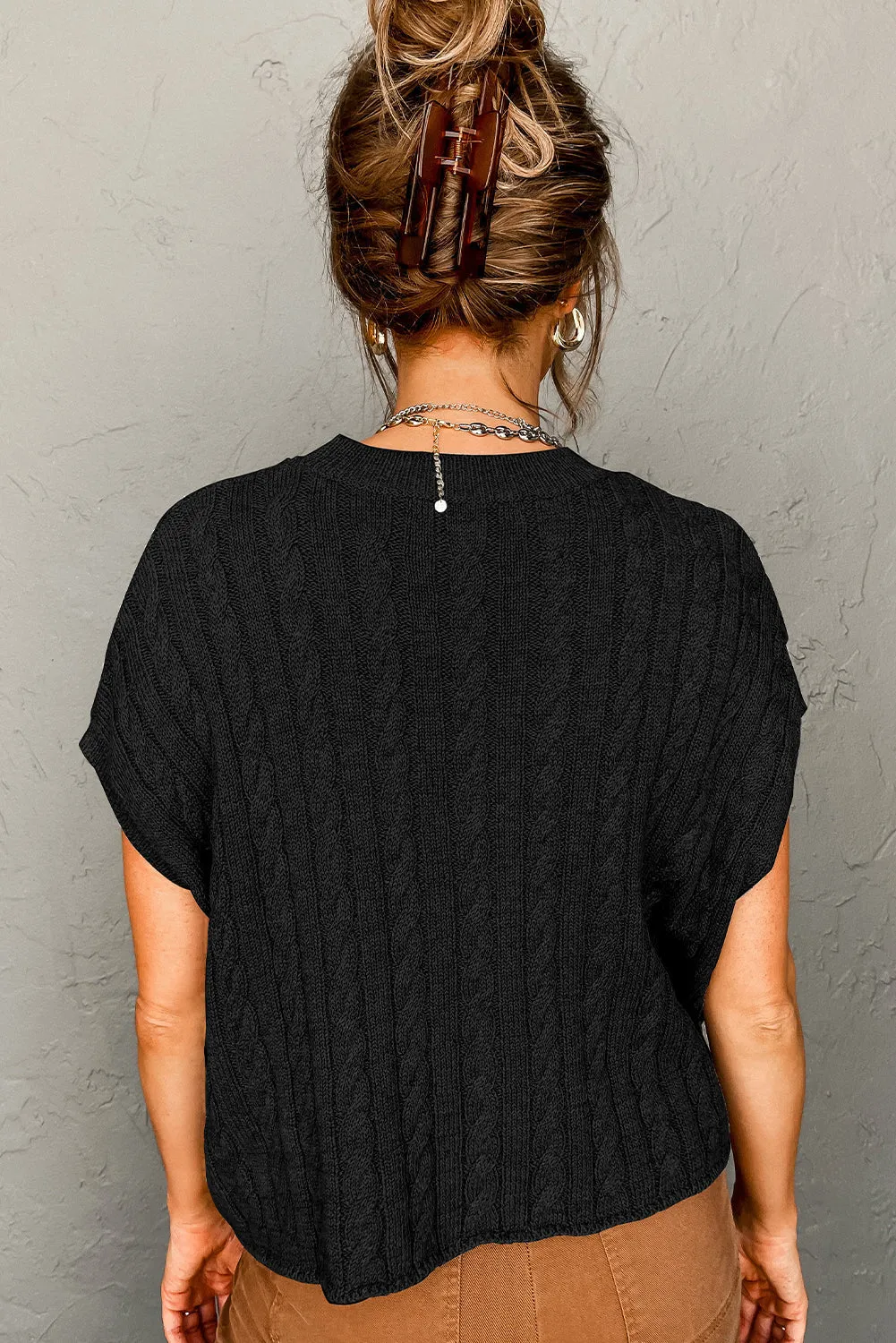 Crew Neck Cable Knit Short Sleeve Sweater
