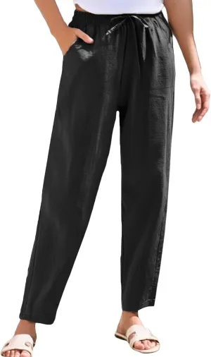 Cropped Linen Pants for Women Elastic Waist Straight Leg Cotton Linen Pants Sumemr Casual Beach Outfits with Pockets