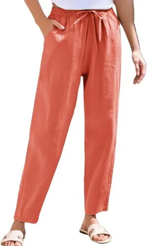 Cropped Linen Pants for Women Elastic Waist Straight Leg Cotton Linen Pants Sumemr Casual Beach Outfits with Pockets