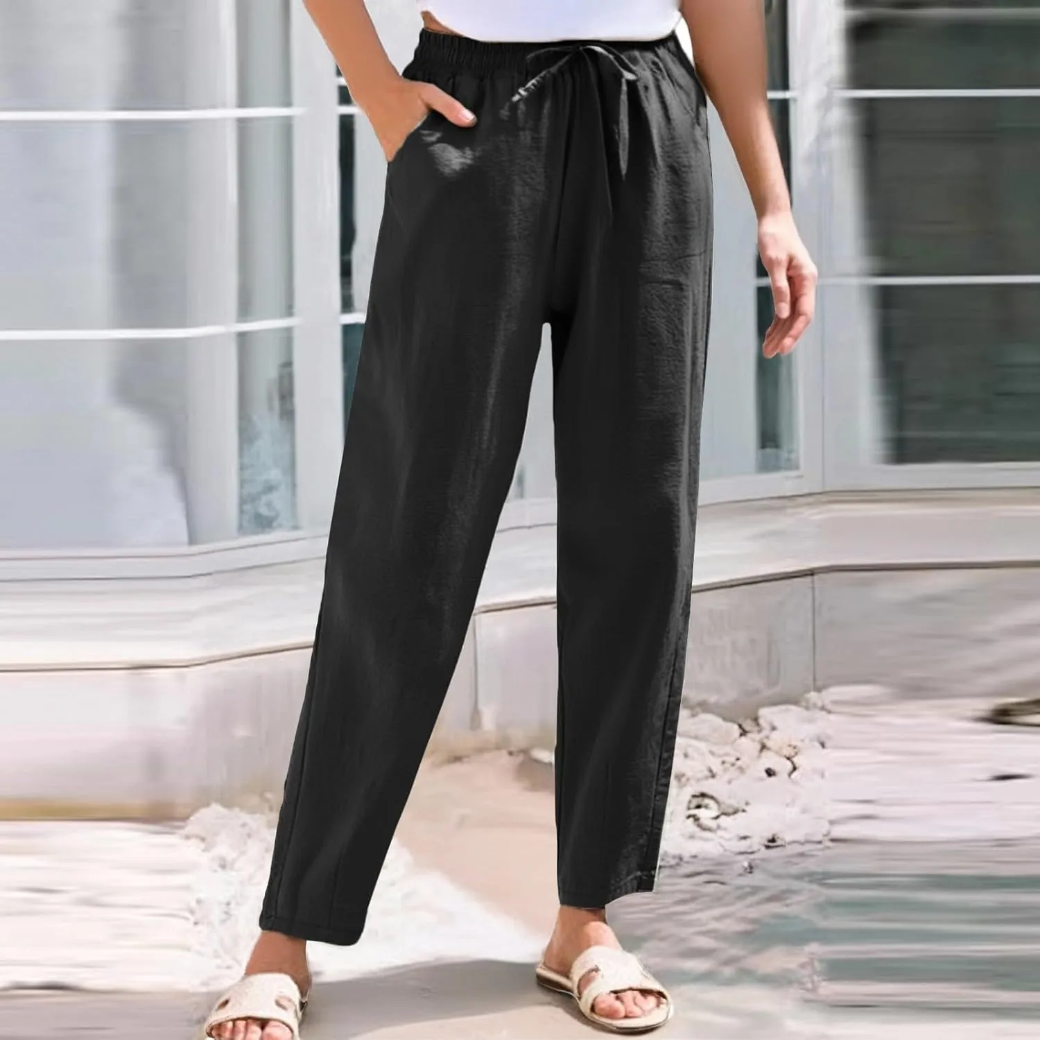 Cropped Linen Pants for Women Elastic Waist Straight Leg Cotton Linen Pants Sumemr Casual Beach Outfits with Pockets