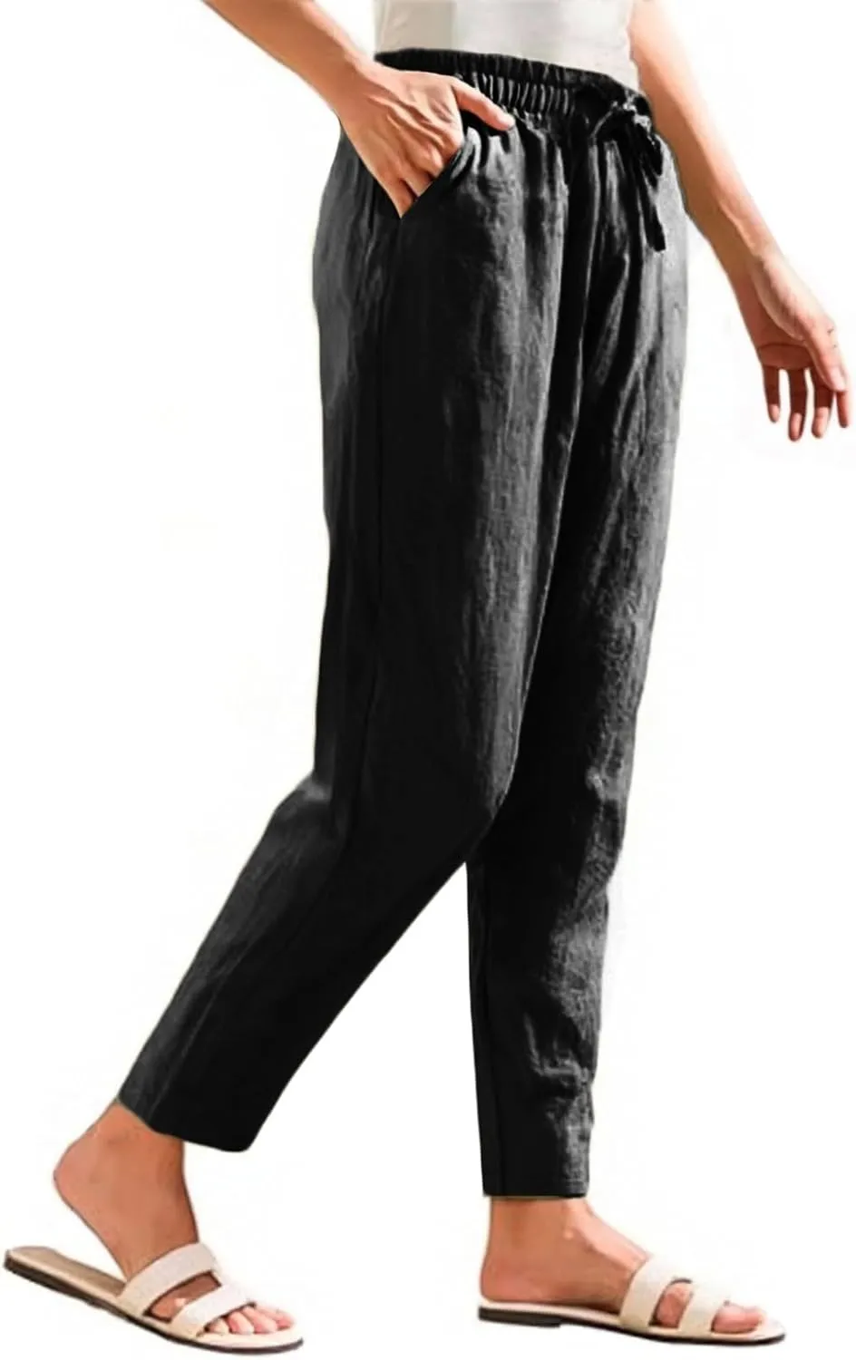 Cropped Linen Pants for Women Elastic Waist Straight Leg Cotton Linen Pants Sumemr Casual Beach Outfits with Pockets