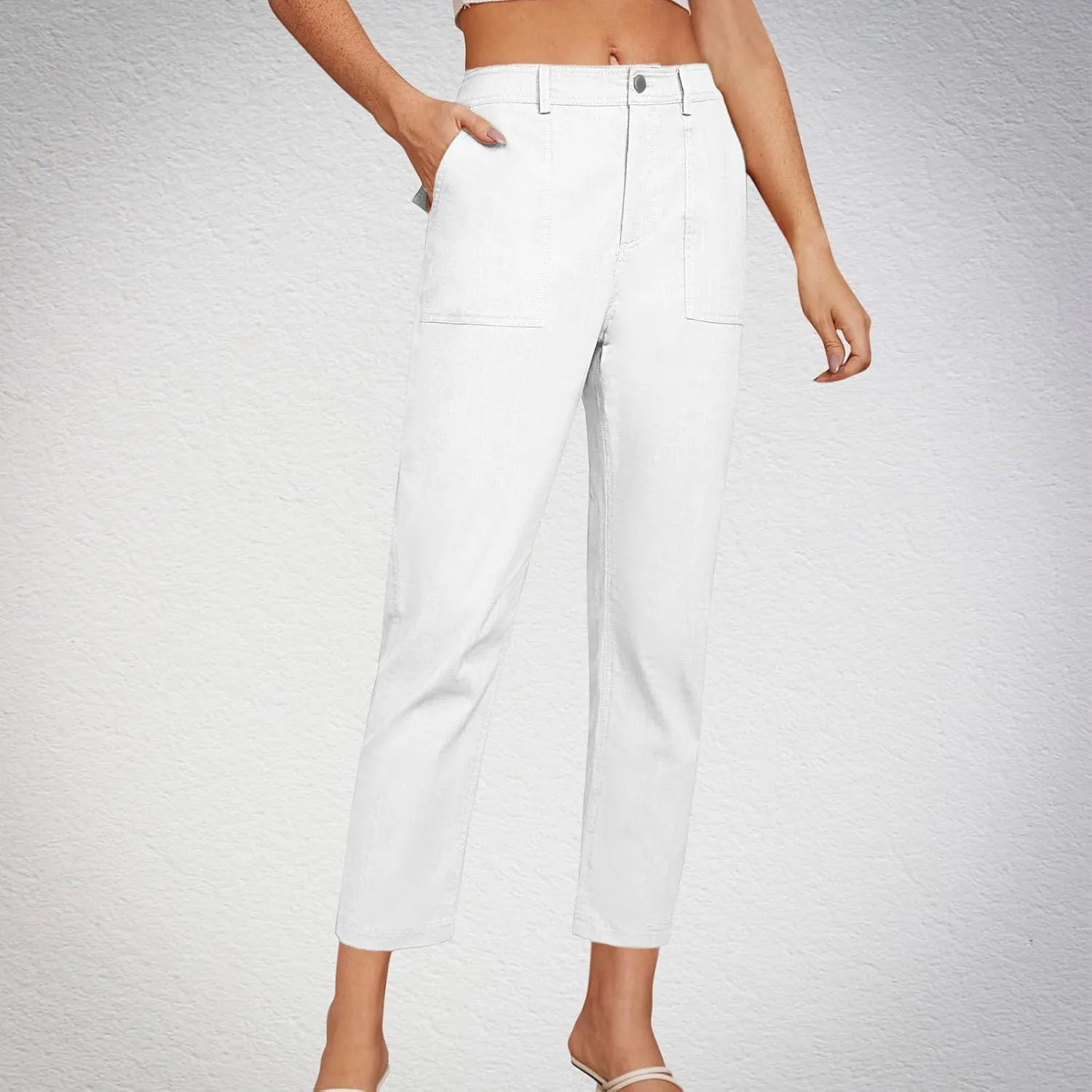Cropped Work Pants Women High Waisted Business Casual Dress Pants Straight Ankle Length Tapered Trousers w/Pockets