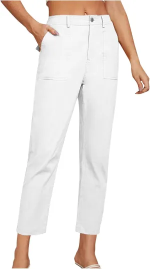 Cropped Work Pants Women High Waisted Business Casual Dress Pants Straight Ankle Length Tapered Trousers w/Pockets