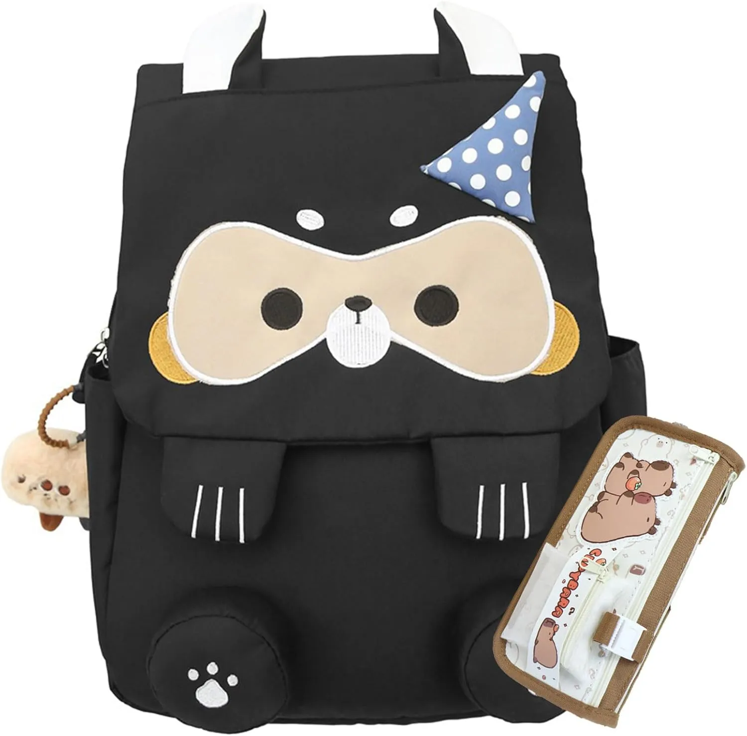Cute Cartoon Raccoon Backpack with Chic Case and Pendant for Women Y2K Kawaii Large Capacity Mochila De Gift (2Pcs (Black   Case))
