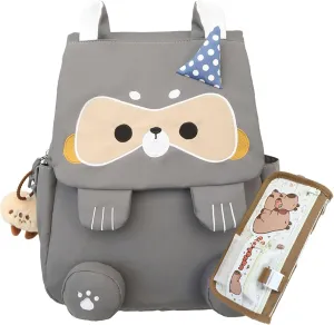 Cute Cartoon Raccoon Backpack with Chic Case and Pendant for Women Y2K Kawaii Large Capacity Mochila De Gift (2Pcs (Gray  Case))