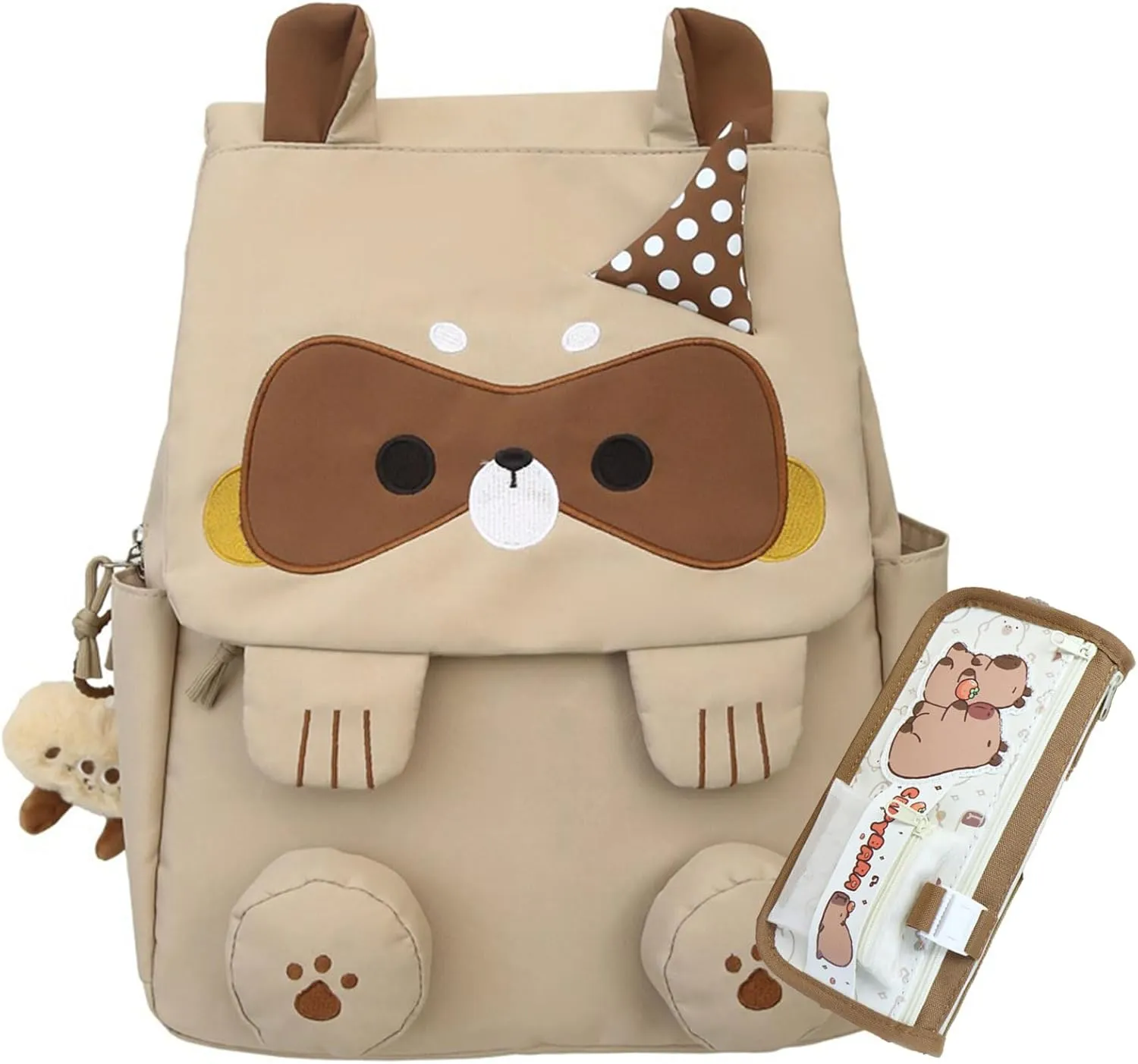 Cute Cartoon Raccoon Backpack with Chic Case and Pendant for Women Y2K Kawaii Large Capacity Mochila De Gift (2Pcs (Khaki   Case))