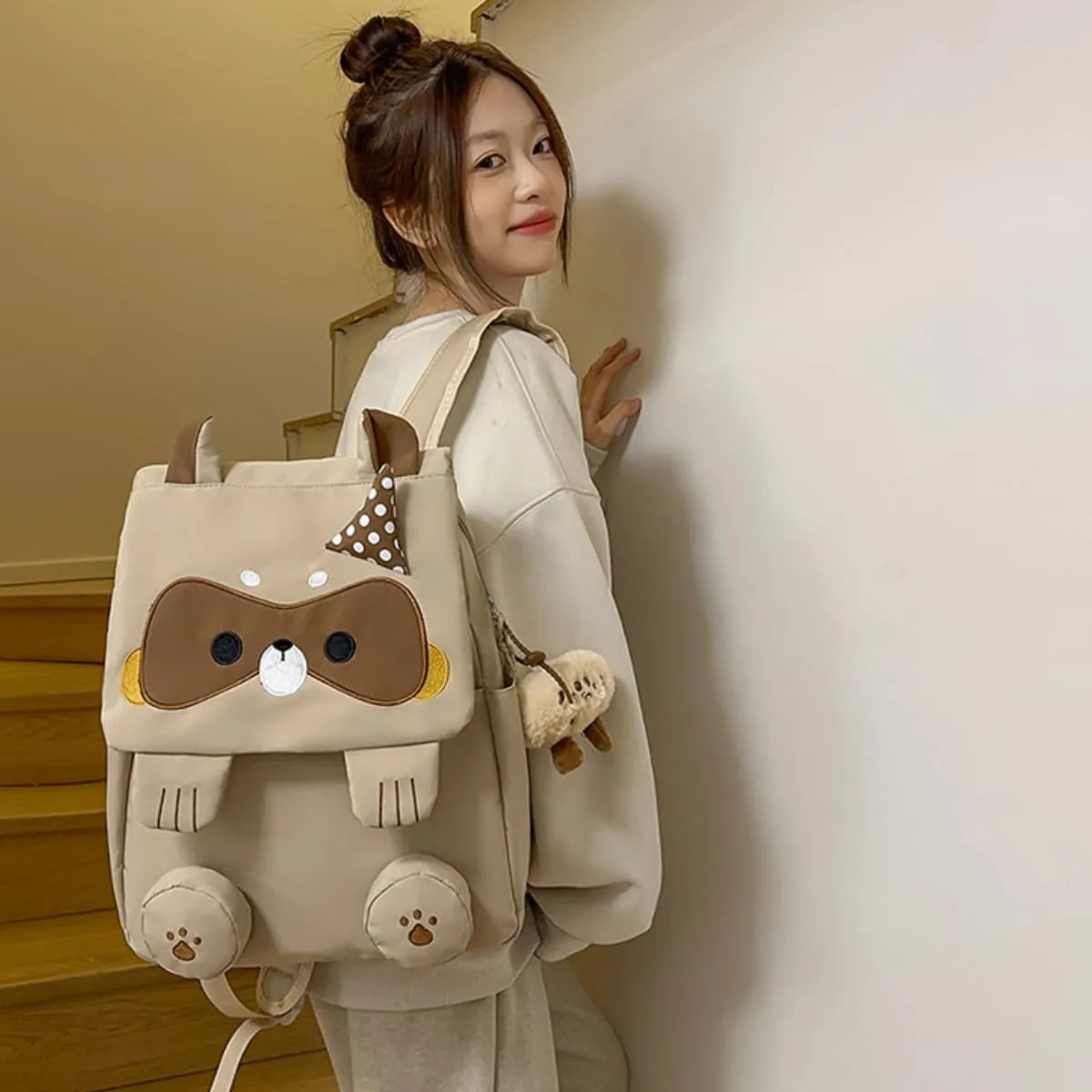 Cute Cartoon Raccoon Backpack with Chic Case and Pendant for Women Y2K Kawaii Large Capacity Mochila De Gift (2Pcs (Khaki   Case))