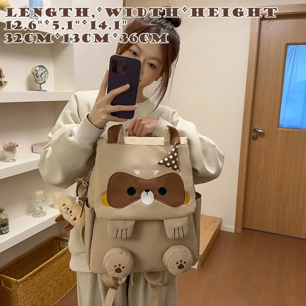 Cute Cartoon Raccoon Backpack with Chic Case and Pendant for Women Y2K Kawaii Large Capacity Mochila De Gift (2Pcs (Khaki   Case))