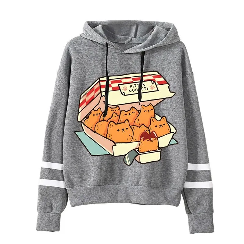 Cute Cat Print Women Hoodie: "Kitten Nugget Fast Food" Cozy, Stylish, and Adorable Tops for Fashionable Kawaii Enthusiasts