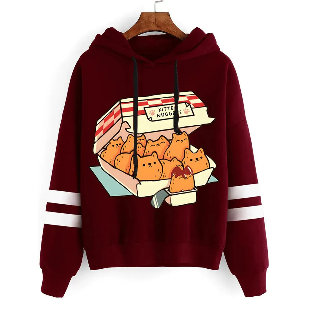 Cute Cat Print Women Hoodie: "Kitten Nugget Fast Food" Cozy, Stylish, and Adorable Tops for Fashionable Kawaii Enthusiasts