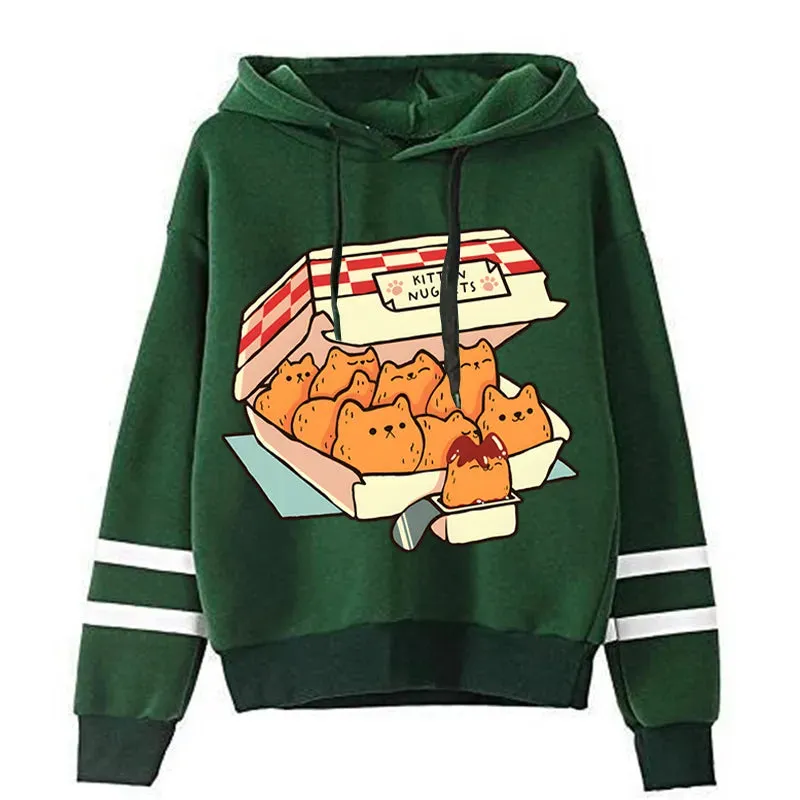 Cute Cat Print Women Hoodie: "Kitten Nugget Fast Food" Cozy, Stylish, and Adorable Tops for Fashionable Kawaii Enthusiasts