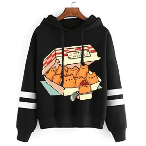 Cute Cat Print Women Hoodie: "Kitten Nugget Fast Food" Cozy, Stylish, and Adorable Tops for Fashionable Kawaii Enthusiasts