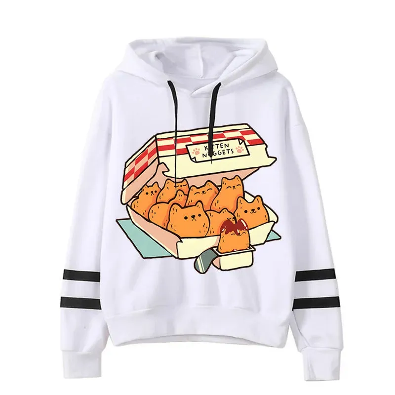 Cute Cat Print Women Hoodie: "Kitten Nugget Fast Food" Cozy, Stylish, and Adorable Tops for Fashionable Kawaii Enthusiasts